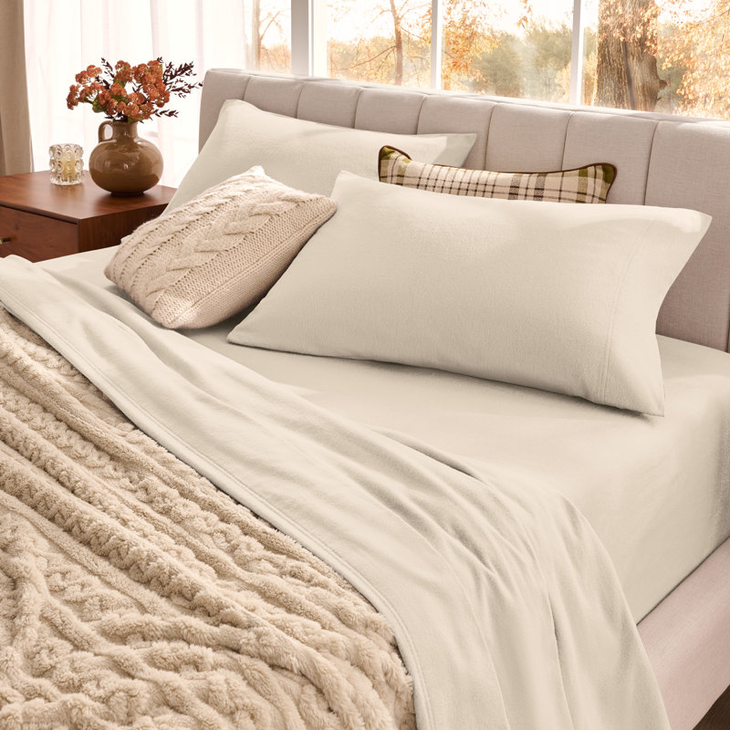 Organic 100% Cotton Flannel Sheet Set, Sand, Full XL Sheet Set with 2 Pillowcases