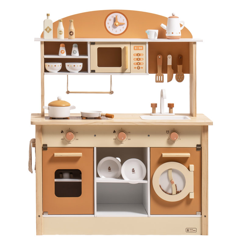 Solid Wood Play Kitchen & Accessories Set, Preschool Kitchen Set, Kids Kitchen Playset, Beige/Orange