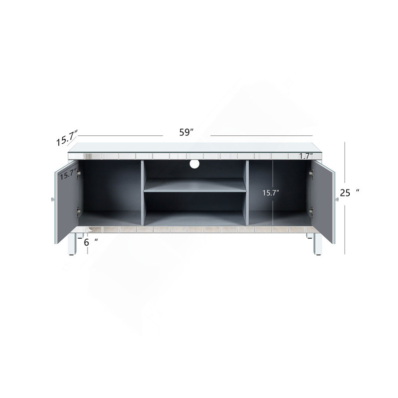 Meuble télé en miroir pour téléviseur de 65 pouces et plus, console de télévision avec rangement ouvert et 2 armoires de rangement, portes de miroir en forme de M pour le salon