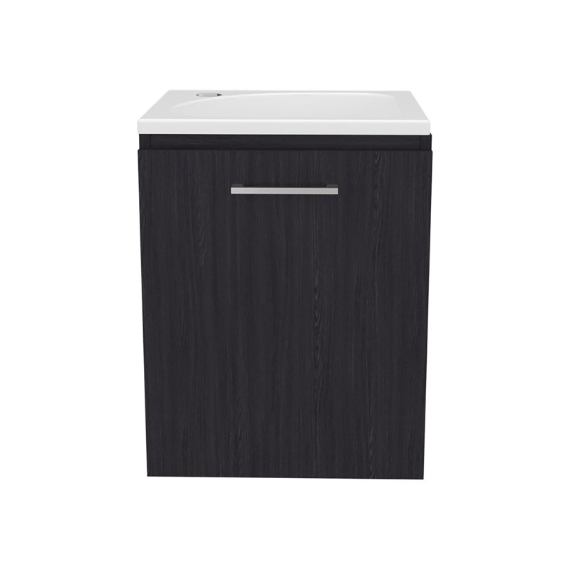 Meuble-lavabo large à une porte Saju, avec lavabo en résine et une tablette, rangement pour salle de bain, noir, Noir