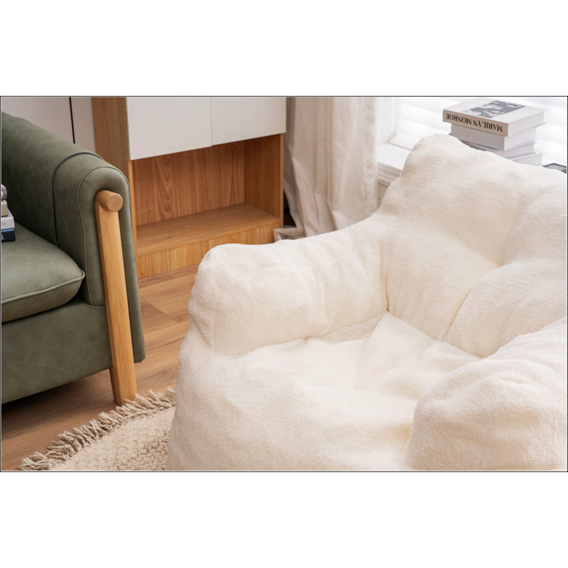 Aeri Compression Medium Adult Soft Fabric Bean Bag Chair With Foam Filled, Cream White Fabric