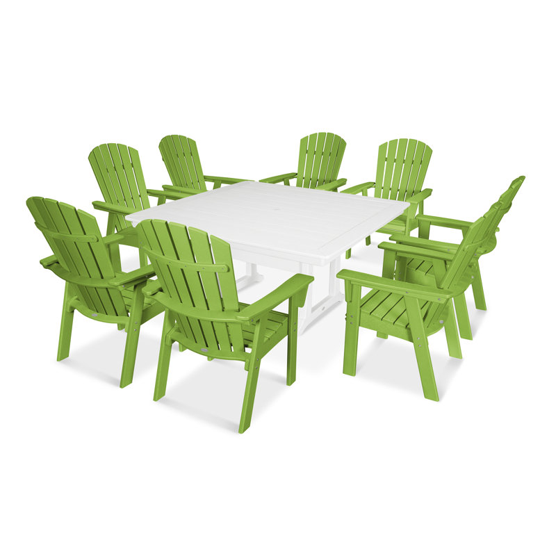 POLYWOOD Nautical Curveback Adirondack 7-Piece Dining Set with Trestle Legs, Lime/White, 7 Pieces: Table, 6 Chairs