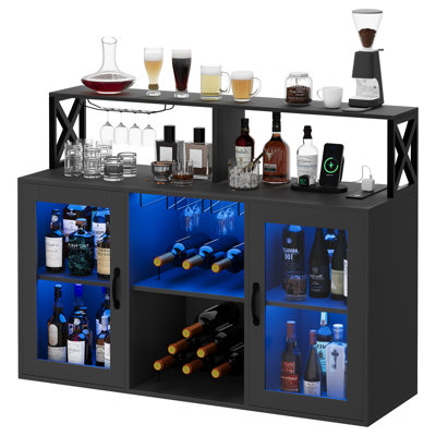 Armoire à bar à vin, armoire à liqueur avec éclairage à DEL et prises de courant, buffet en bois avec porte-bouteilles et porte-verres pour cuisine, salle à manger, salon, noir