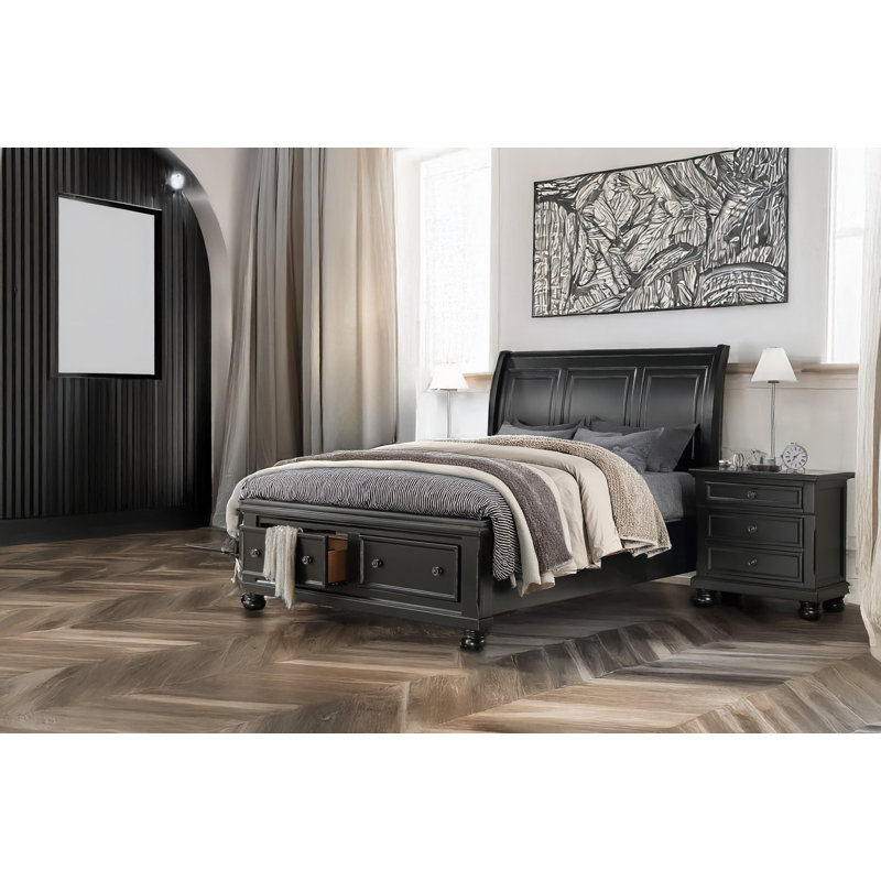 Ensemble de chambre à coucher avec lit plateforme et rangement Claudie, Grand, Noir