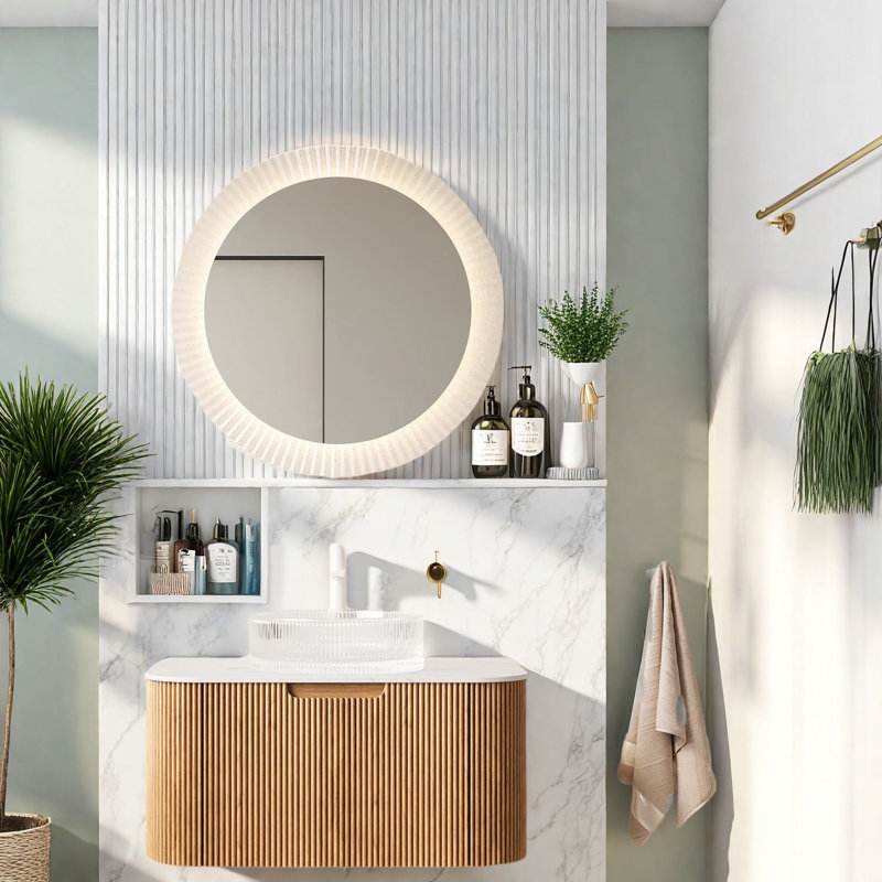Meuble-lavabo mural moderne avec lavabo en verre et grand rangement