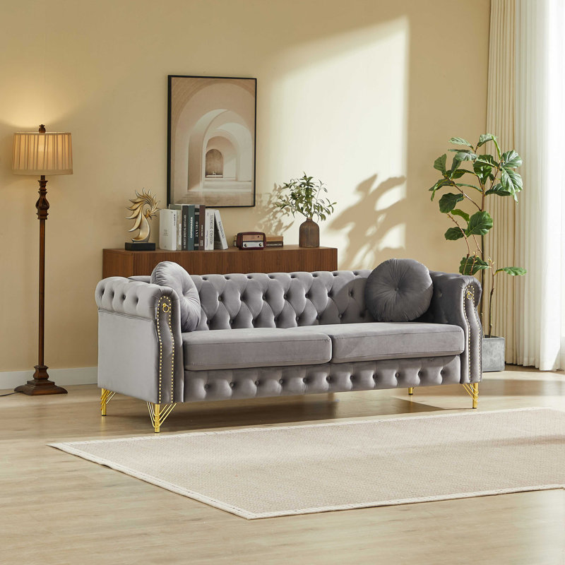 Fauteuil Chesterfield en velours avec boutons capitonnés, Gris, 1 canapé simple