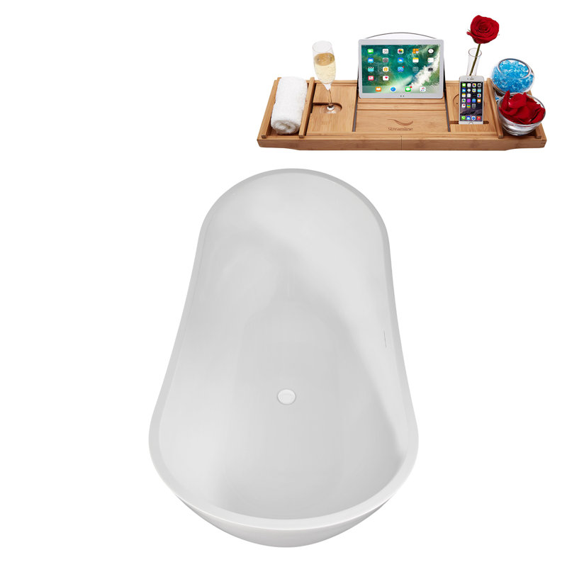 63" Streamline Soaking Freestanding Tub and Tray With Internal Drain, Glossy White