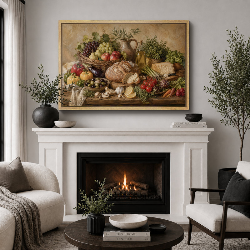 «Rustic Harvest Still Life With Bread Légumes and Herbs», reproduction d'art sur toile encadrée, impression sur toile