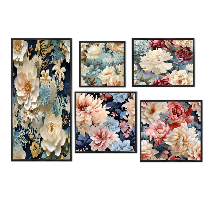 Louca - Ensemble de 5 décorations murales florales, Cadre flottant noir