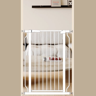 40.55"Tall Adjustable Pet Gate - Pressure Mount Metal Safety Barrier, Auto-Close, Extensions for Wide Doorways White