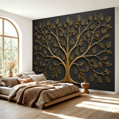 Wall Mural Peel and Stick Wallpaper Elegant Golden Leaf Dark Grey Self-Adhesive Removable Contact Paper Wall Decor for Living Room Bedroom 69"H x 96"W