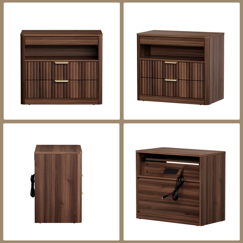 Table de chevet 27 po avec 2 tiroirs et tablette ouverte, table de chevet avec prises, table de bout avec 1 tablette coulissante, table de chevet pour chambre à coucher