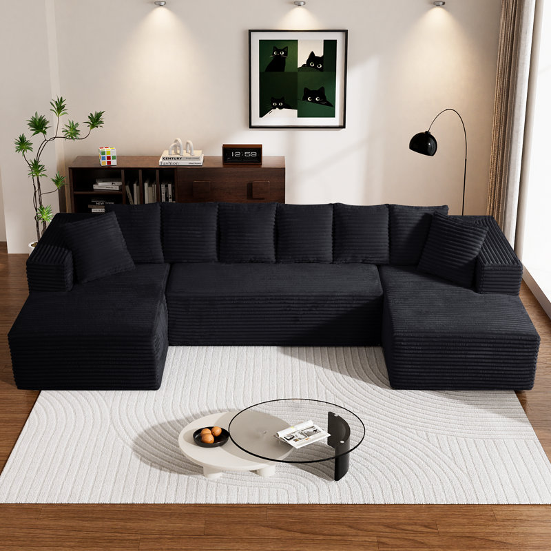Adame Boneless Compression Sectional Oversized Sofa Couch With Pillows, Black Corduroy, U-Shaped, Reversible
