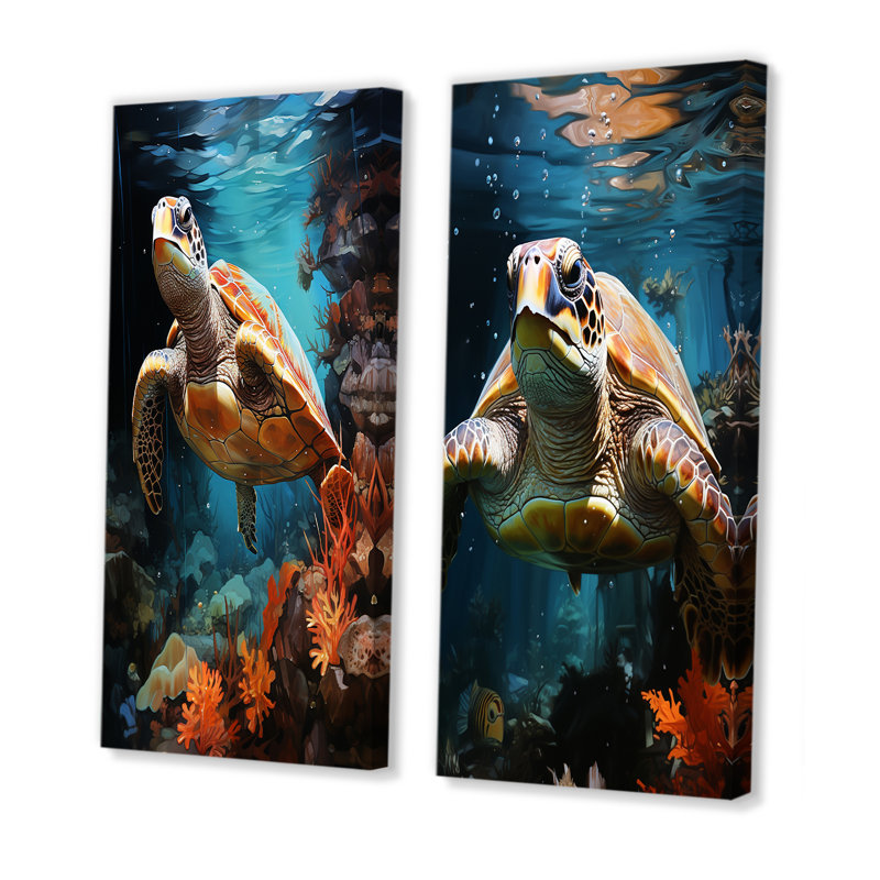 «Overeal Underwater Turtle Odyssey», ensemble de 2 reproductions d'art sur toile, Toile tendue, H 28 po x l 25 po