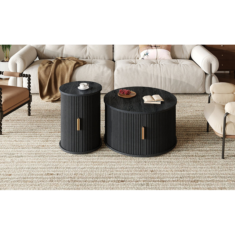 Mid-Century Coffee Table Set With Sliding Tambour Door, Round Fluted End Table With Storage, Golden Handle Tall & Low Side Table For Living Room, Set Of Two