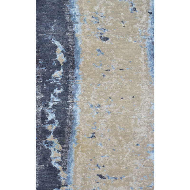 Tapis rectangulaire en laine / viscose noué à la main bleu / beige / blanc, Rectangle 6 pi x 9 pi