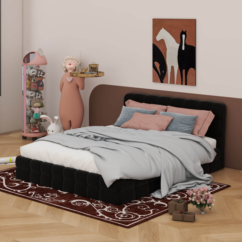 Grand lit plateforme tapissier, Noir, noir, noir, noir