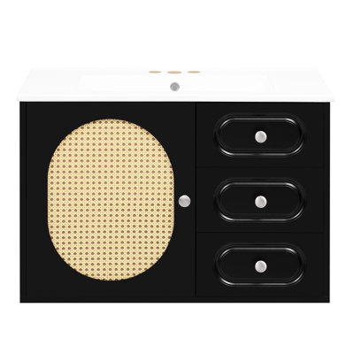 Meuble-lavabo de style Mid-Century, lavabo inclus, plusieurs espaces de rangement, meuble-lavabo à fermeture en douceur avec évier, style, compartiments à pleine extension, fonctionnement silencieux, fabrication
