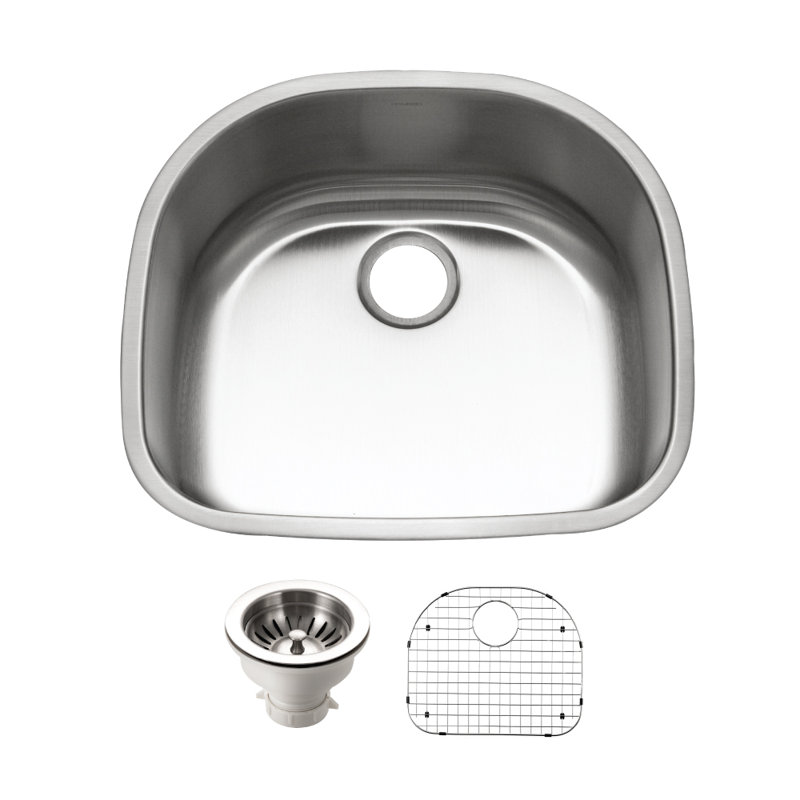 Houzer 24 in Stainless Steel Undermount Single D Bowl Kitchen Sink w/ Strainer, Grid - STS-1400-C