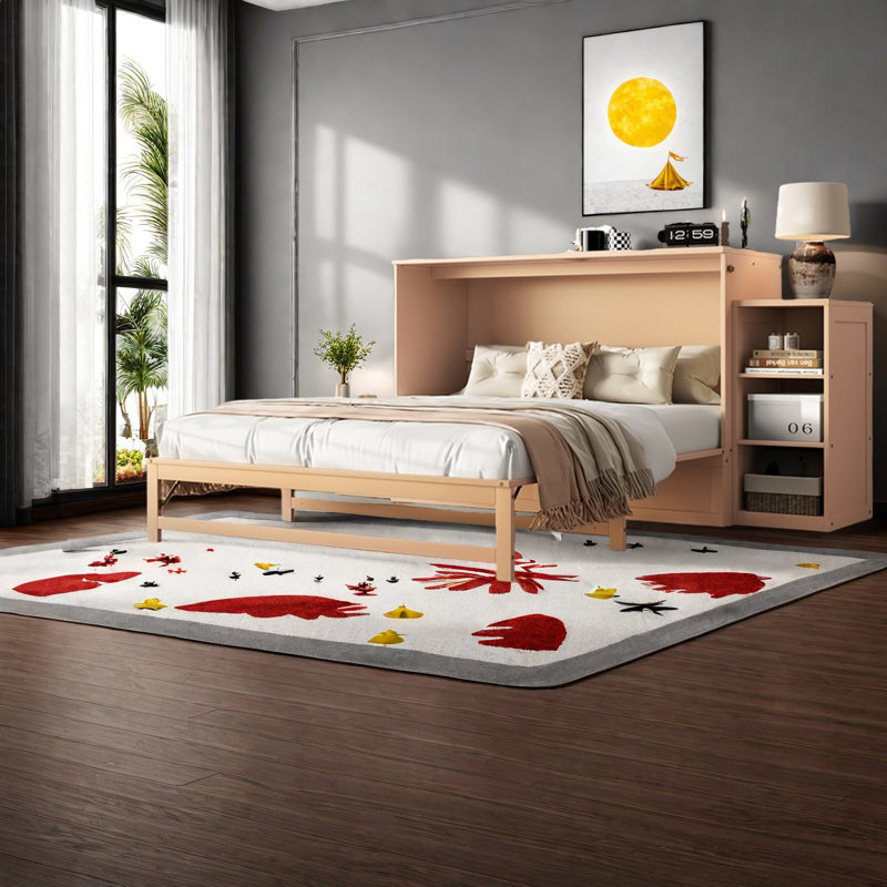 Lits escamotables spacieux avec rangement, finition bois doré, conception compacte moderne