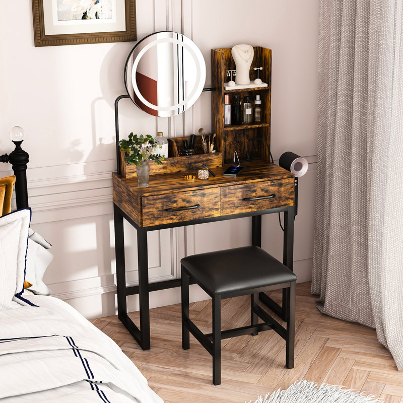Coiffeuse ronde avec miroir DEL, interrupteur à 3 couleurs, 2 grands tiroirs, prise électrique et plateaux, brun, éclairage naturel/chaud/froid, grande prise, utilisation durable