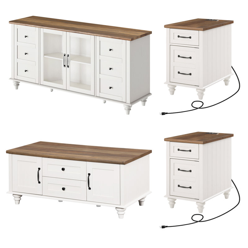 4 Piece Living Room Table Set - Includes Modern Coffee Table With Drawer, Glass Door TV Stand For 65 Inch TV, Set Of 2 Side End Tables With Charging Station & Cabinet, Off White