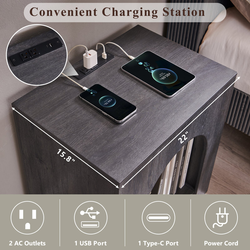  Arched End Table with Type-C Charging Station, 22" Modern Bedroom Side Board w/Open Shelf, Gray