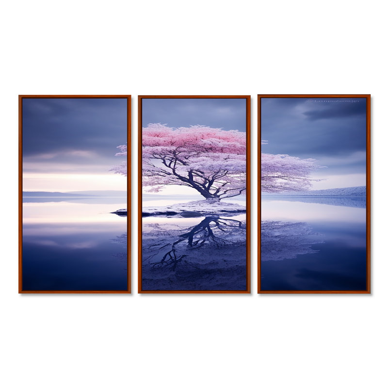 Ensemble de salon mural enneigé avec arbre en chêne rose, Cadre flottant brun, H 40 po x l 60 po x P 1 po