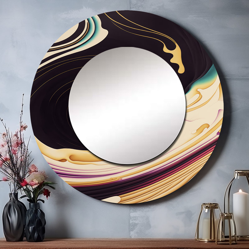 Pranavan Purple, Gold And Blue Swirl II - Abstract Spirals Large Wall Mirror, Purple Round Decorative Mirror, Printed Metal Art