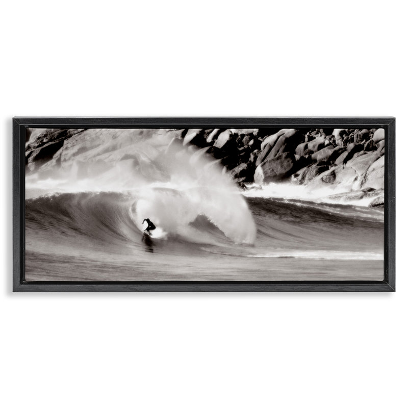 «Surfing Reef Break», art mural encadré noir sur toile flottante par Noah Bay, Cadre flottant noir de jais, H 11 po x l 25 po
