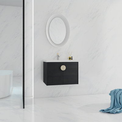 Armoire de salle de bain murale - 28 po, style moderne châtaignier noir avec lavabo et miroir de meuble-lavabo de rangement