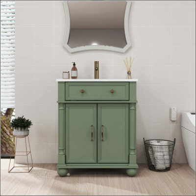 Lavabo de salle de bain de style Mid-Century avec base à colonne romaine, lavabo de salle de bain autoportant Farmhouse avec rangement, meuble-lavabo haut de gamme avec poignées en métal et structure en bois massif (robinet non inclus)