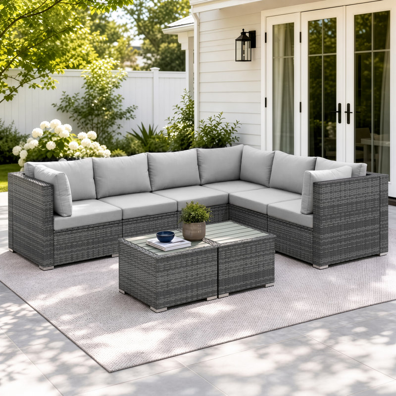 Ensemble de conversation modulaire d'extérieur en rotin 7 pièces avec tables, ensemble de mobilier de patio modulaire avec coussin
