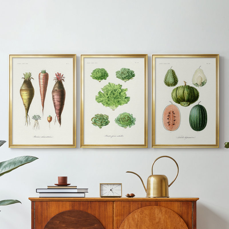 Fruit et légume Variétés VI - Toile tendue sur mesure avec châssis, 3 pièces, H 27 po x l 39 po, Doré