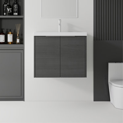 Meuble-lavabo flottant 24 po avec lavabo, porte à fermeture en douceur, évier en céramique, contreplaqué, gris