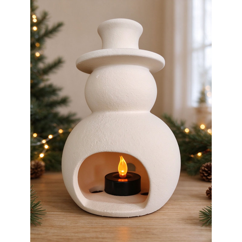 Porte-bougie bonhomme de neige en terre cuite 7,1 po, décoration de Noël rustique de style campagnard, décoration de table intérieure et extérieure