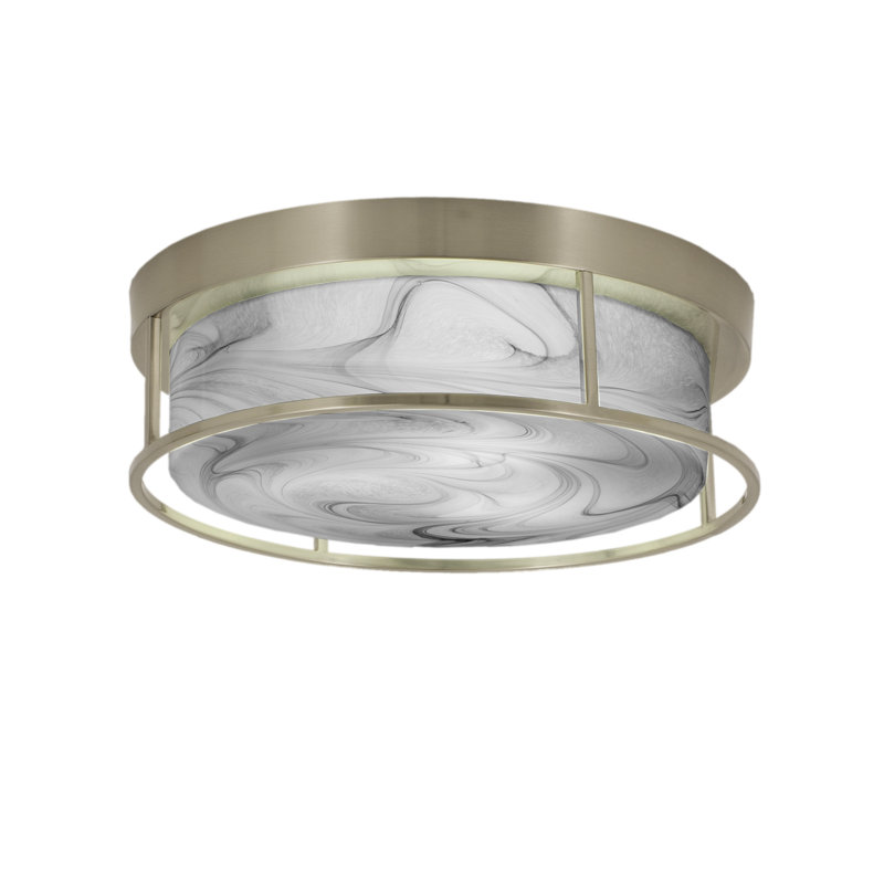 16" Flush Mount, 3-Bulbs Shown In Brushed Nickel Finish With Onyx Swirl Glass