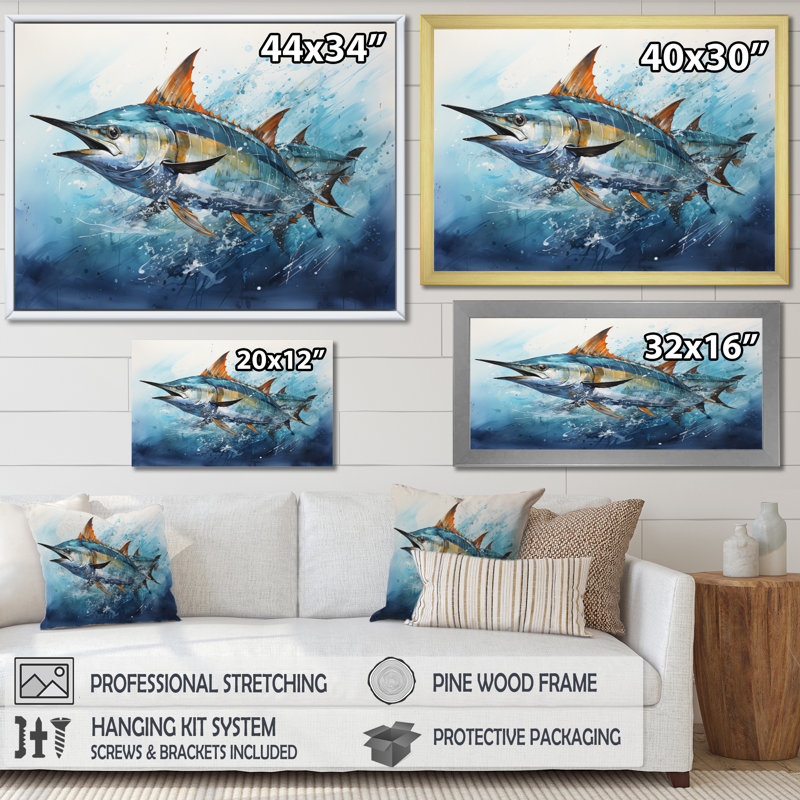Fishing Majestic Marlins I - Fishing Framed Canvas Print Hunting Wall Art, Gold Single Picture Framed, 12" H x 20" W x 1" D