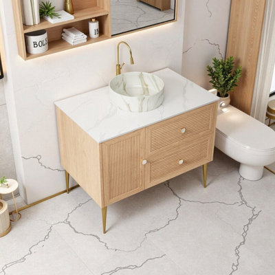 Meuble-lavabo sur pied 36 po avec lavabo, armoire en contreplaqué et 4 pieds en métal, pré-assemblé