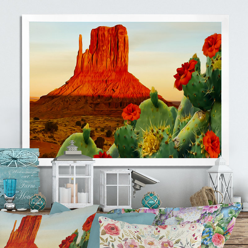 «Blooming Cactus In Texas», reproduction sur toile, H 16 po x l 32 po x P 1 po, Cadre de coin blanc fermé
