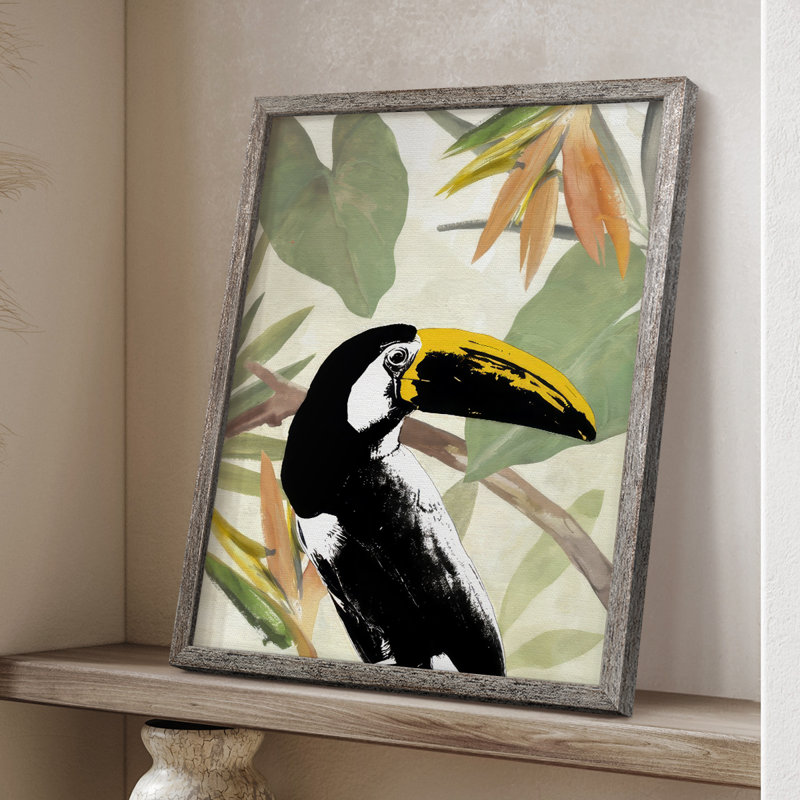 «Parrot in the Leaves II», reproduction encadrée - bois massif