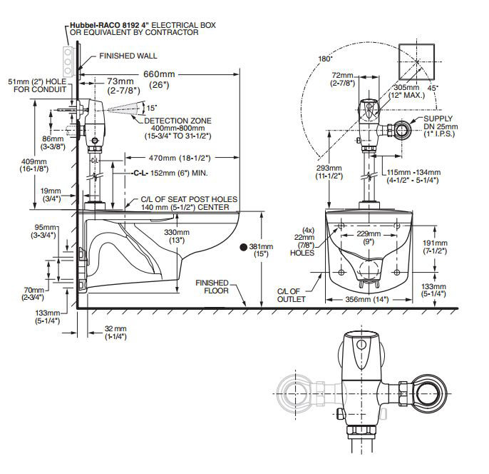 Toilette allongée à chasse d'eau automatique 1,6 GPF avec système d'autonettoyage Afwall System Selectronic Exposed AC (siège inclus)