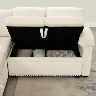 Beige sectional with chenille upholstery, storage, 7 seats, for room storage living decor