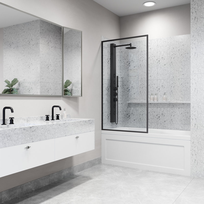 Meridian 34" W x 62" H Fixed Framed Bathtub Screen with 3/8" Glass, Matte Black Clear
