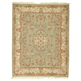Hand Knotted Wool Oriental Area Rug in Green And Cream
