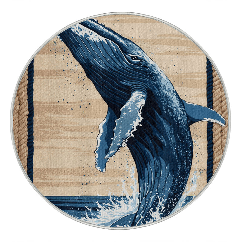 Washable Whale Watch Coastal Area Rug, Round 5'