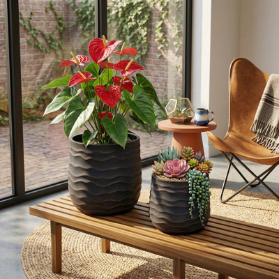 Modern Planter Pot 2-Pack with Drainage Holes & Lightweight Magnesium Oxide Construction, Crack-Resistant Weatherproof Round Planters for Indoor Outdoor Plants Home Garden Patio Decor