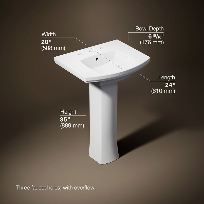 Kelston Pedestal Bathroom Sink, 8" Centers, White