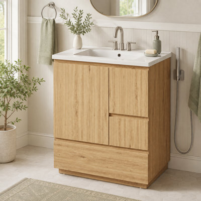 30" Freestanding Single Bathroom Vanity with Ceramic Sink and Power Station, Natural Oak
