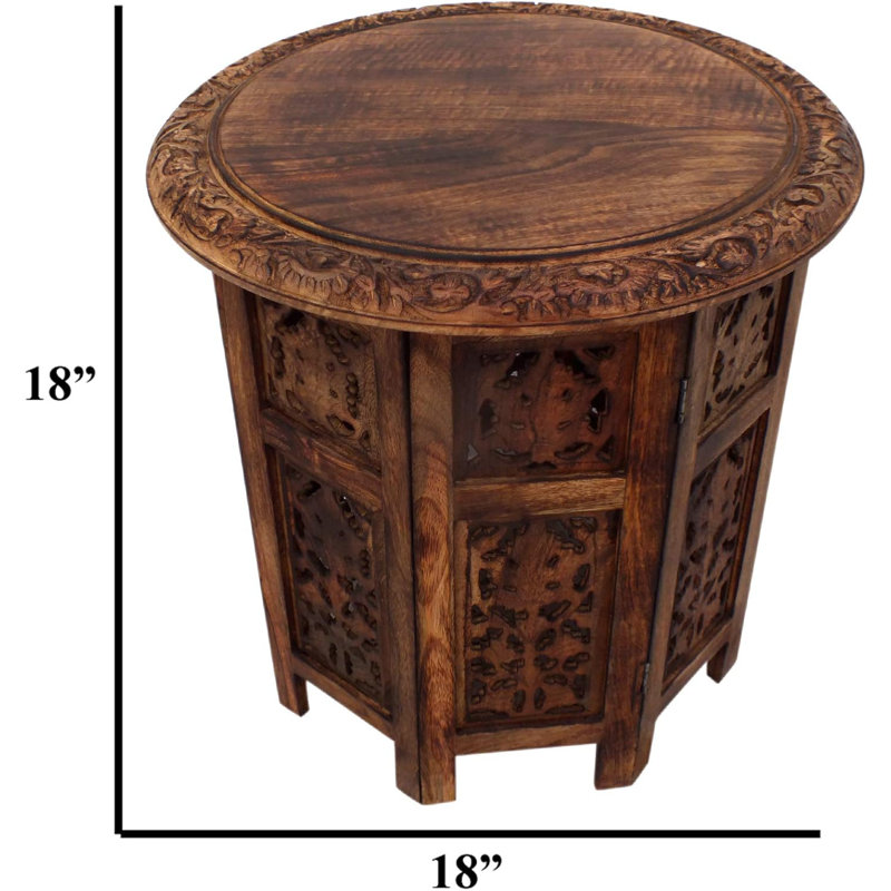 Handcrafted 18" Folding Mango Wood Round Accent Table With Carved Octagonal Base